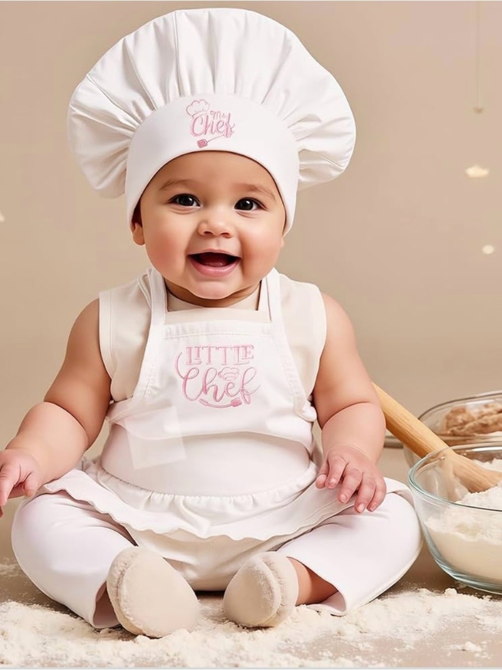 Little Chef Baby Apron & Chef Hat Set - White with Pink Embroidery